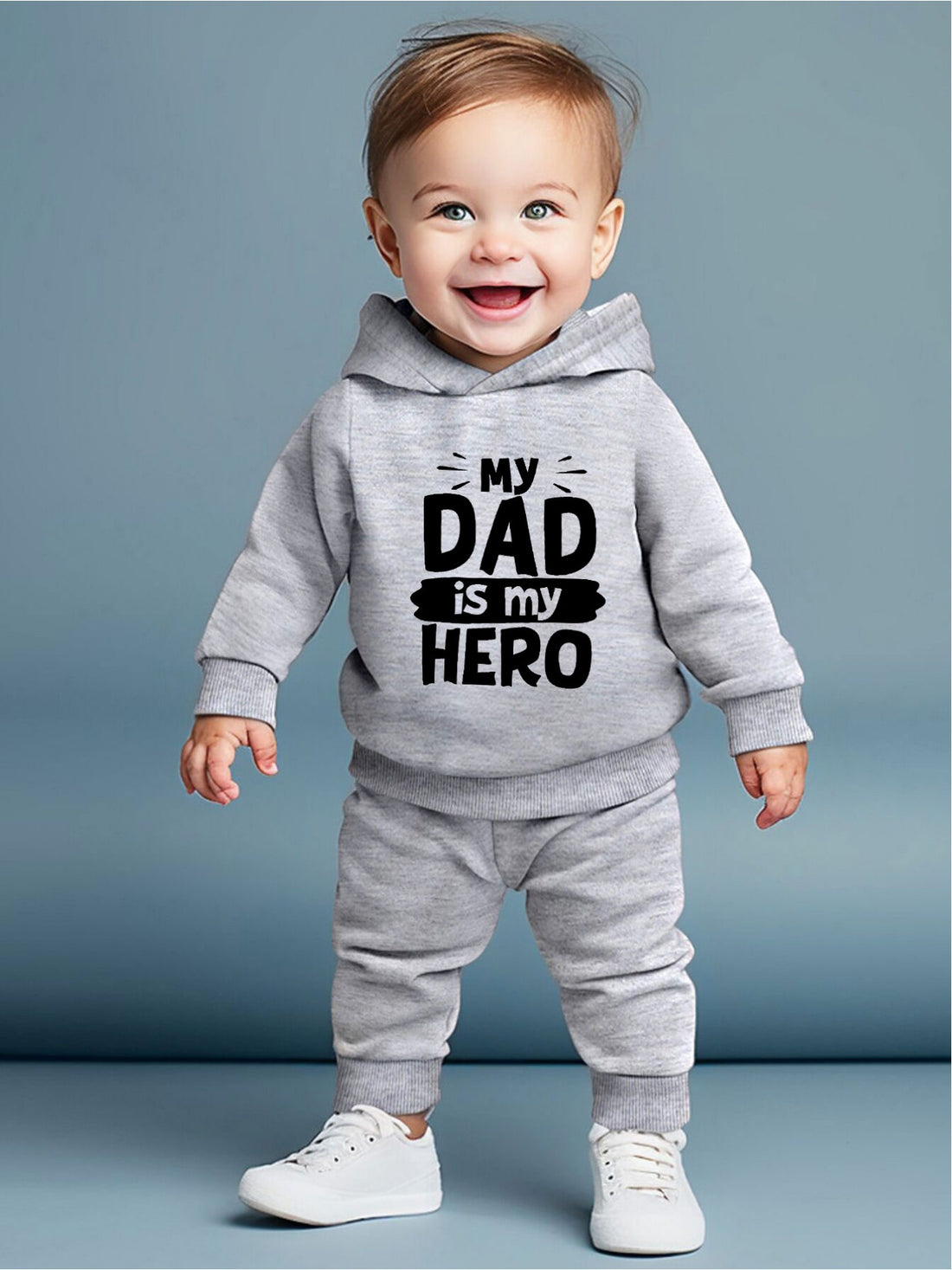 2pcs - DAD IS MY HERO... Print Long Sleeve Hooded Sweatshirt + Pants Set - Casual Versatile Father's Day Set Gift - Baby Boys' Clothing, Outdoor Cloth