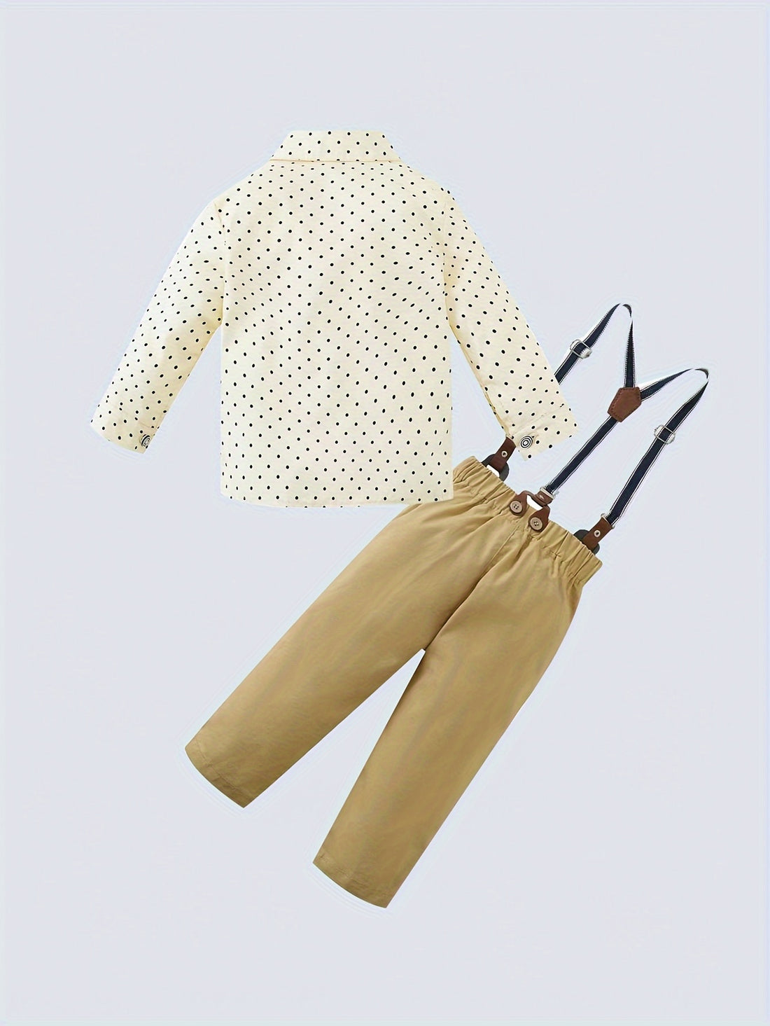 Toddler Baby Boys Gentleman Outfits, 2pcs Long Sleeve Lapel Shirt With Bow And Bib Pants Set, Handsome For Birthday Party Evening Party Performance Wedding Lunar New Year Banquet