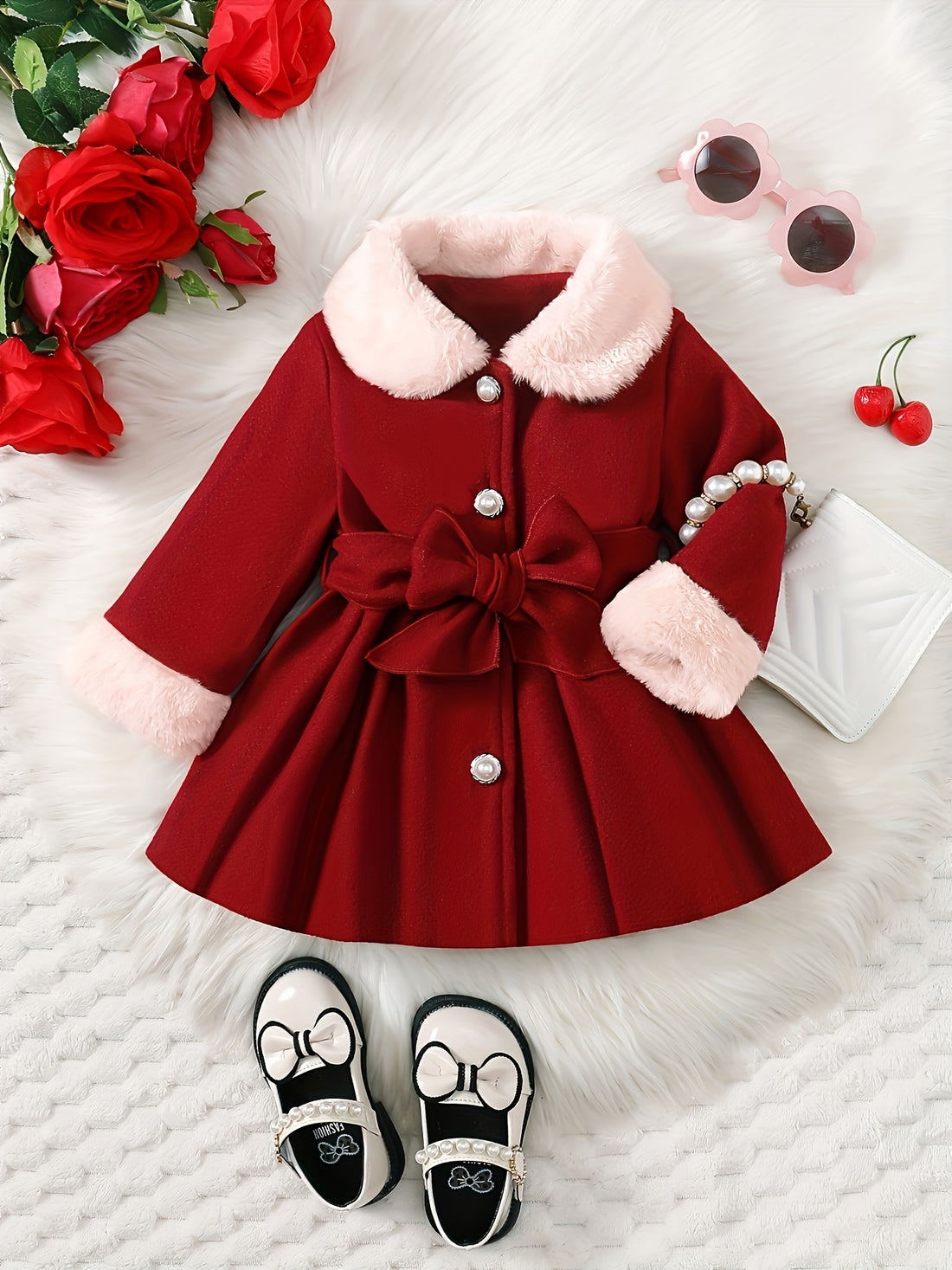 Baby Girl Autumn And Winter Fashionable Versatile Coat | Cute Lapel Plush Bow Velvet Coat, Delicate And Sweet Princess Style, Soft And Comfortable Cold Proof Coat, Warm And Comfortable Outfit For Outdoor Play