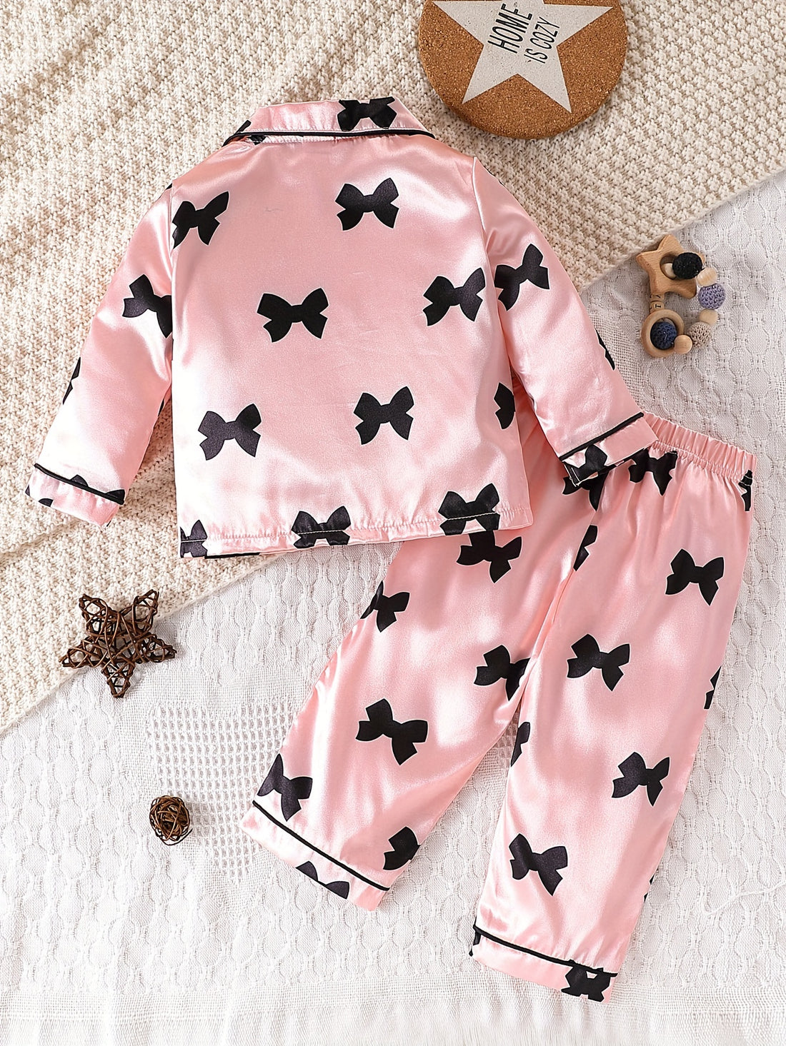 1 Set Baby Girl's Elegant Pajama Set, Cute Bow Print Lapel Long Sleeve Shirts & Trousers, Comfy & Skin-friendly Set, As Daily Gift
