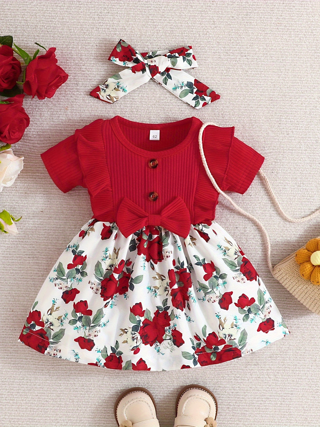 Baby Girls Casual Ruffle Short Sleeve Stitching Floral Dress + Headband Set