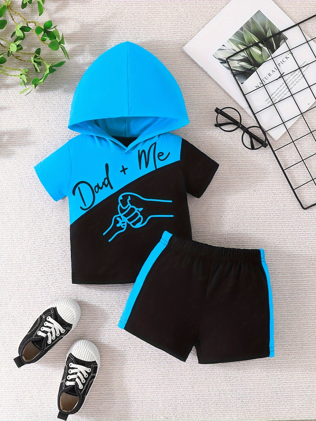 2pcs Baby's "Dad+Me" Fist Bump Print Short Sleeve Set, Hooded T-shirt & Pants, Baby Boy's Clothing, As Gift