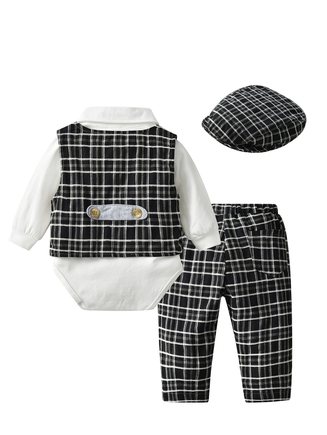 Adorable Gentlemans Delight - Baby Boys Cotton 3-Piece Vest Romper Set with Plaid Lapel, Bow Detail, Matching Pants & Hat - Perfect for Birthday Parties & Weddings