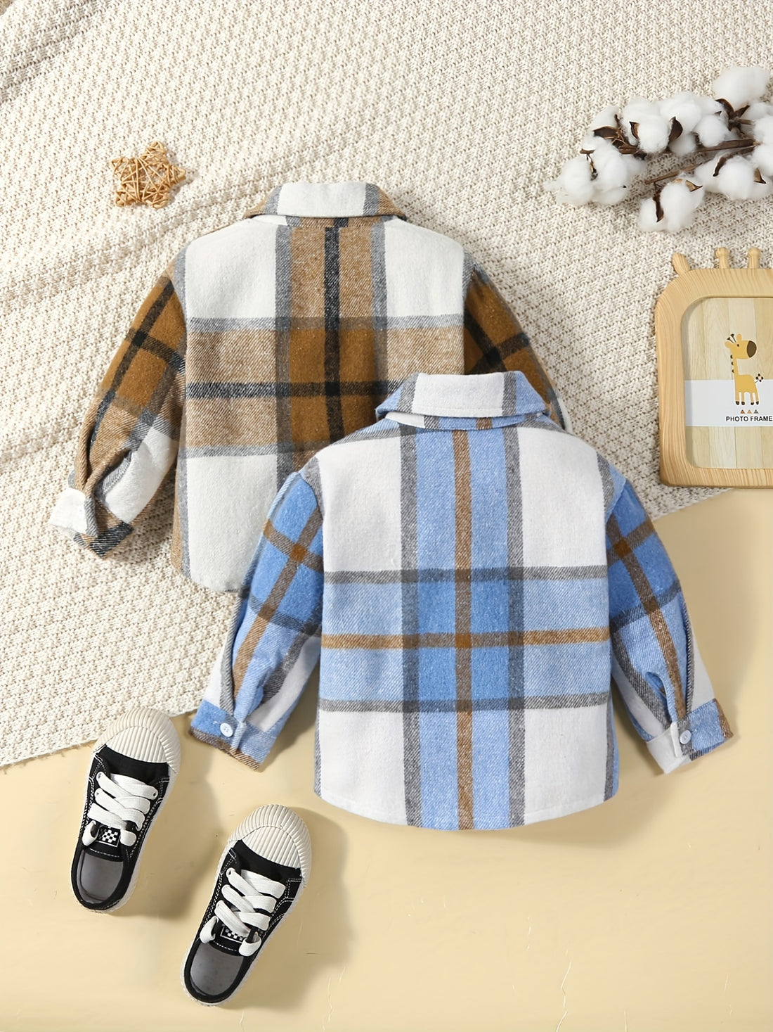 2pcs Baby Boy Baby Stylish Casual Frayed Plaid Fabric Long Sleeve Shirt, Kids Autumn Winter Coat Clothes