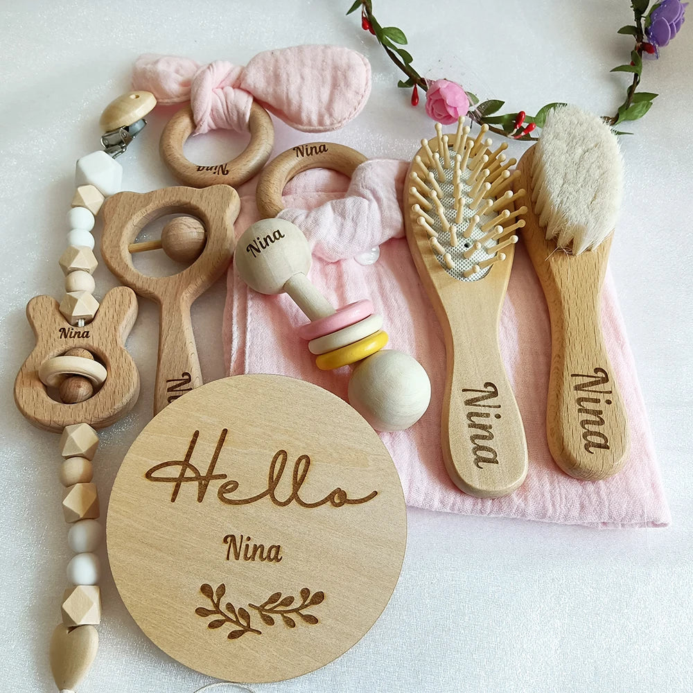 8 Pieces Of Personalized Name Newborn Bath Toy Gift Set   Baby Photo set Rattle Toy Baby Boy Girl Birth Name Plate Gift Set