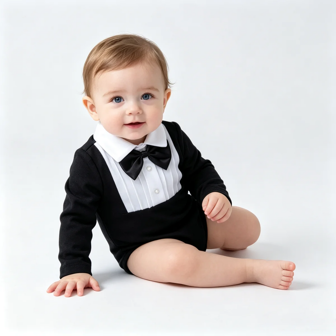 Newborn Baby Boy Black White Tuxedo Bodysuit Long Sleeve Bow Tie Gentleman Romper Infant Formal Baptism Party Photos Outfit