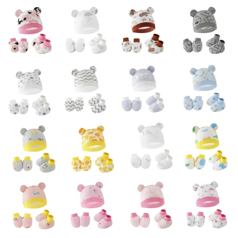 Newborn Baby Hat, Anti Scratch Gloves and Socks Set Cotton Headwear Anti-grab Mittens and Foot Cover for Boys Girls