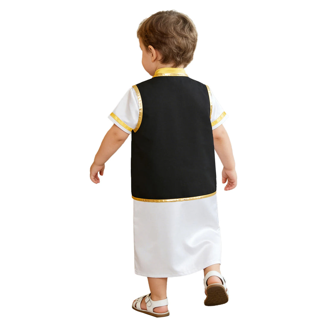 Muslim Baby Boys Robe Ramadan Eid Abaya Set Metallic Trim Arabic Islamic Kaftan Thobe Satin Gown with Open Front Tassel Vest