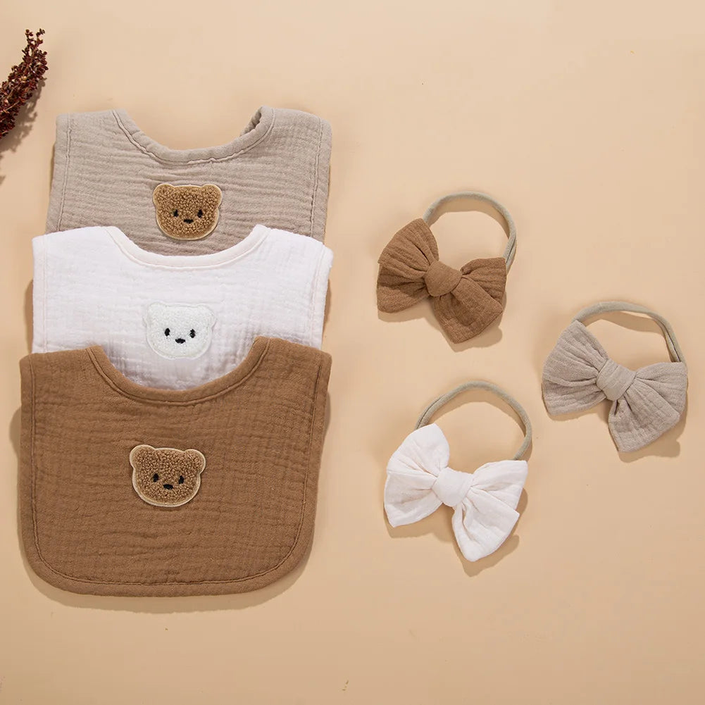 2Pcs/Set Big Bow Muslin Cotton Nylon Hairbands Gauze Baby Bibs Cute Bear Towel Saliva Newborn Feeding Burp Colths Kids Headwear