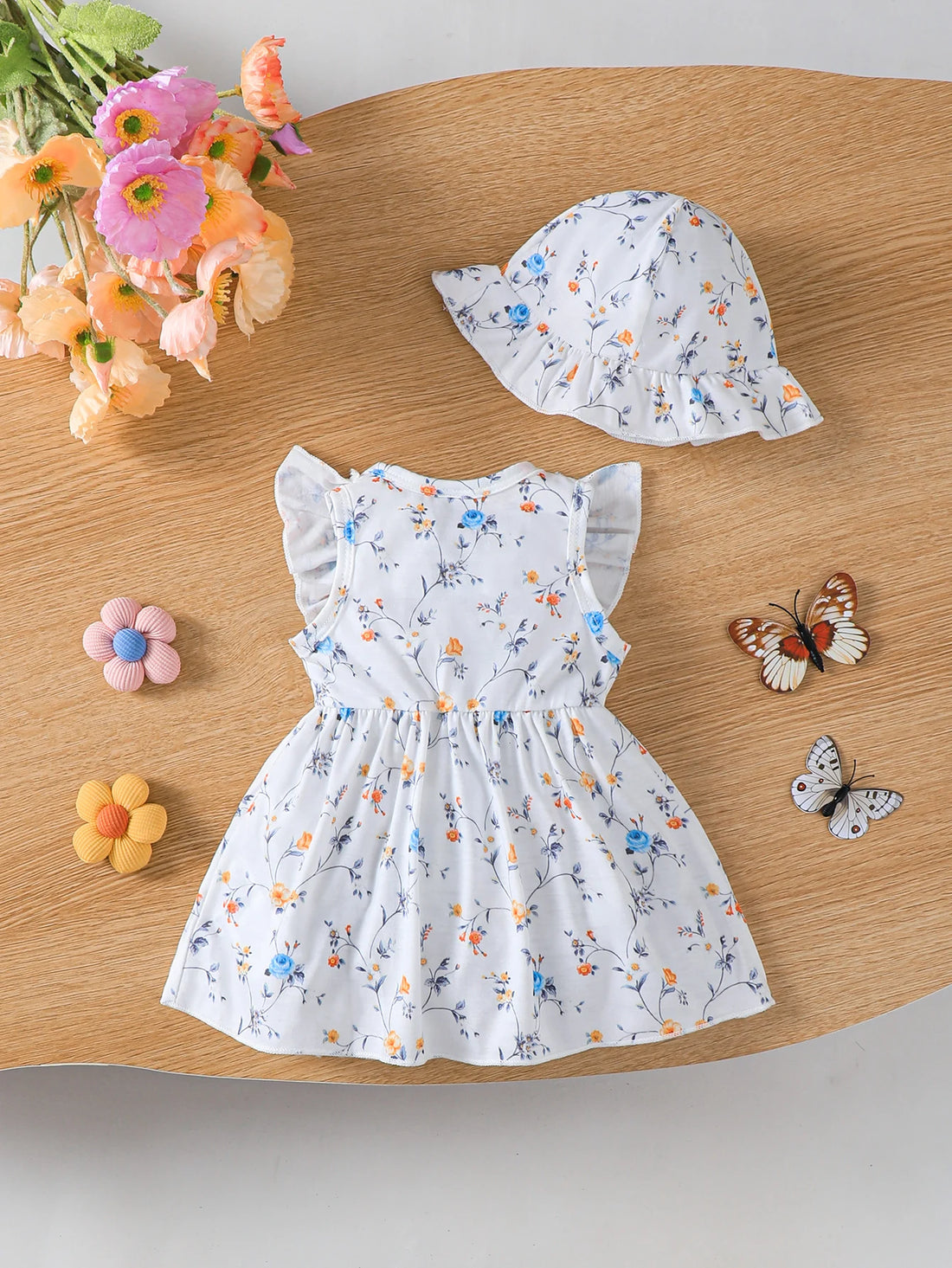 Baby clothing, Baby girl Dress Round Neck Ruffled Bow Casual Dress+Hat Set suitable for Female Babies aged 0-9 Months