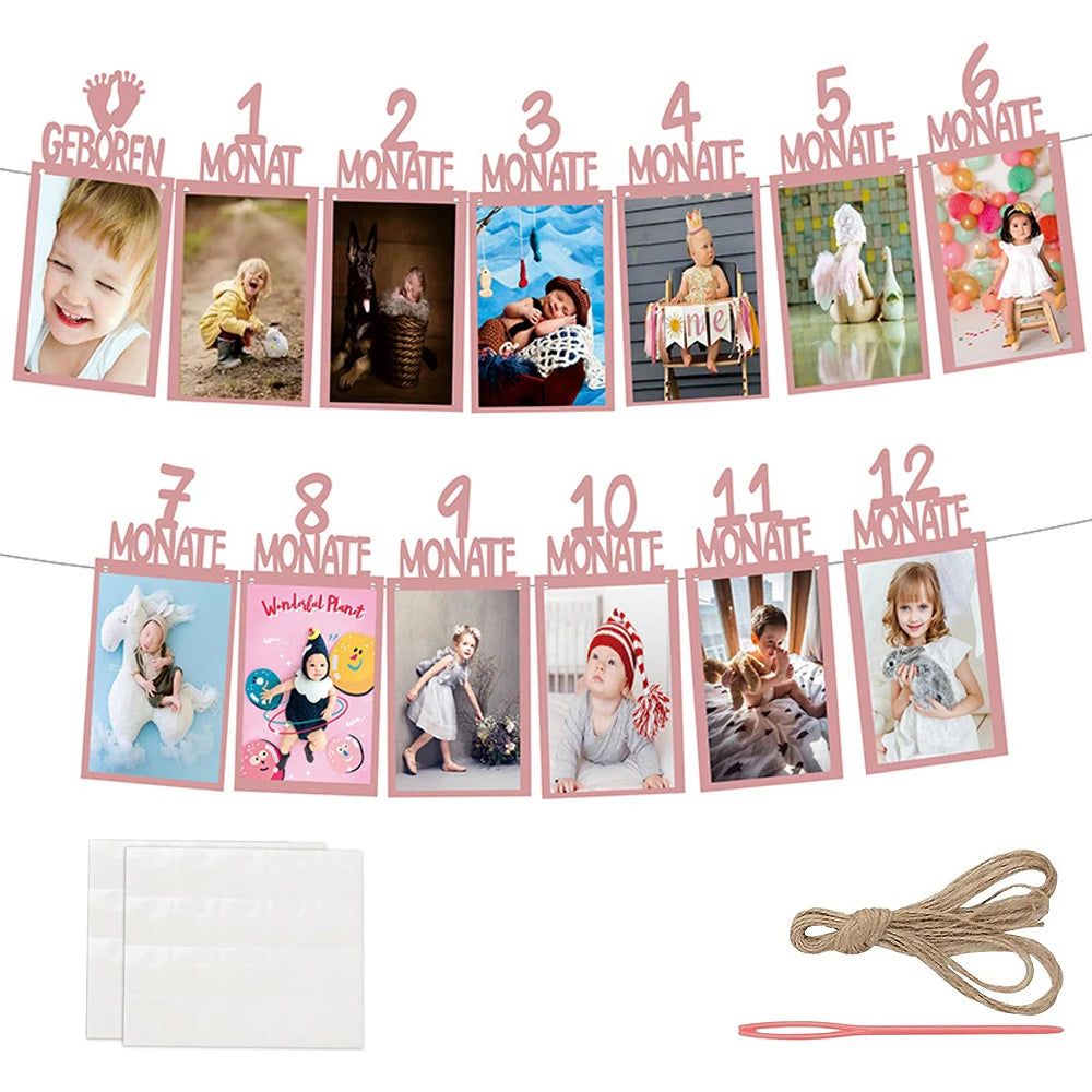 Baby 1st Birthday 12 Months Photo Frame Banner Baby Boy Girl one 1 Year Birthday Photo Garlands Baby First Birthday Party Decor