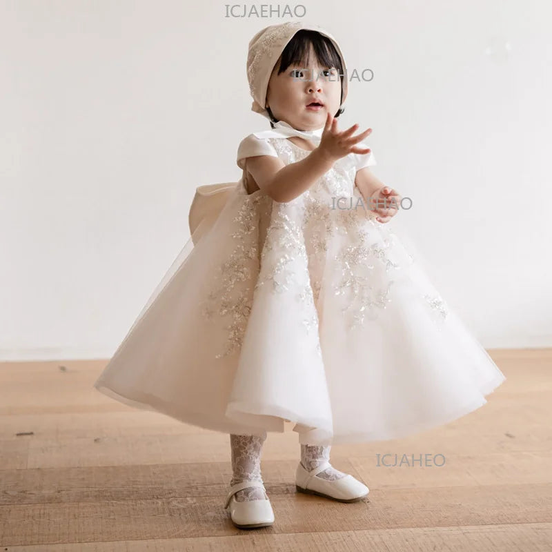 Cute Baby Girl First Birthday White Short Sleeve Dress  Flower Girl Tutu Princess Gown Costume Children Week Catch Party Wedding
