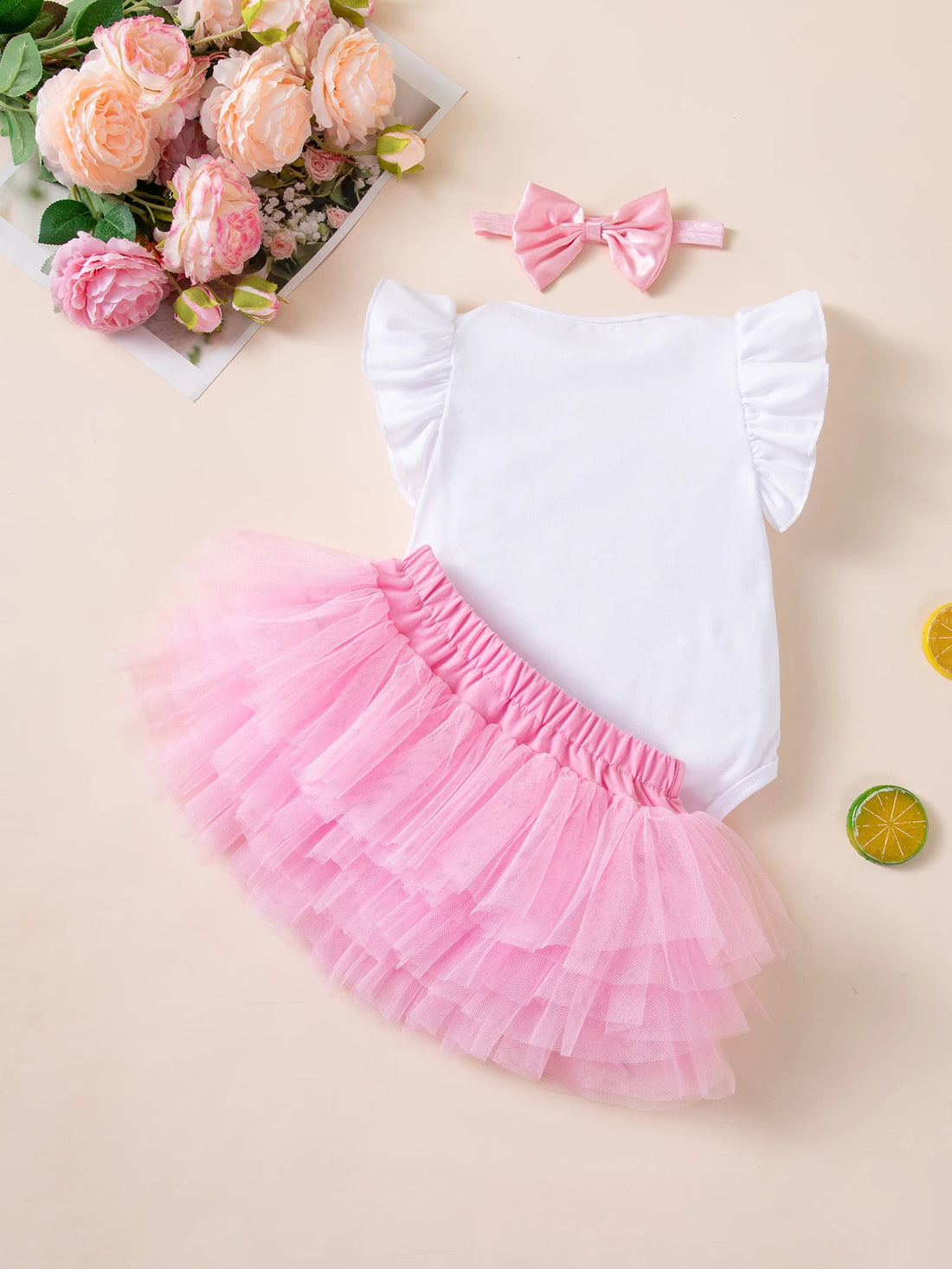 Baby Girls 1st Birthday Outfit 3pcs Set, Fly Sleeve Romper + Pink Tutu Skirt + Bow Headband, Cute Cake Smash Party Costume
