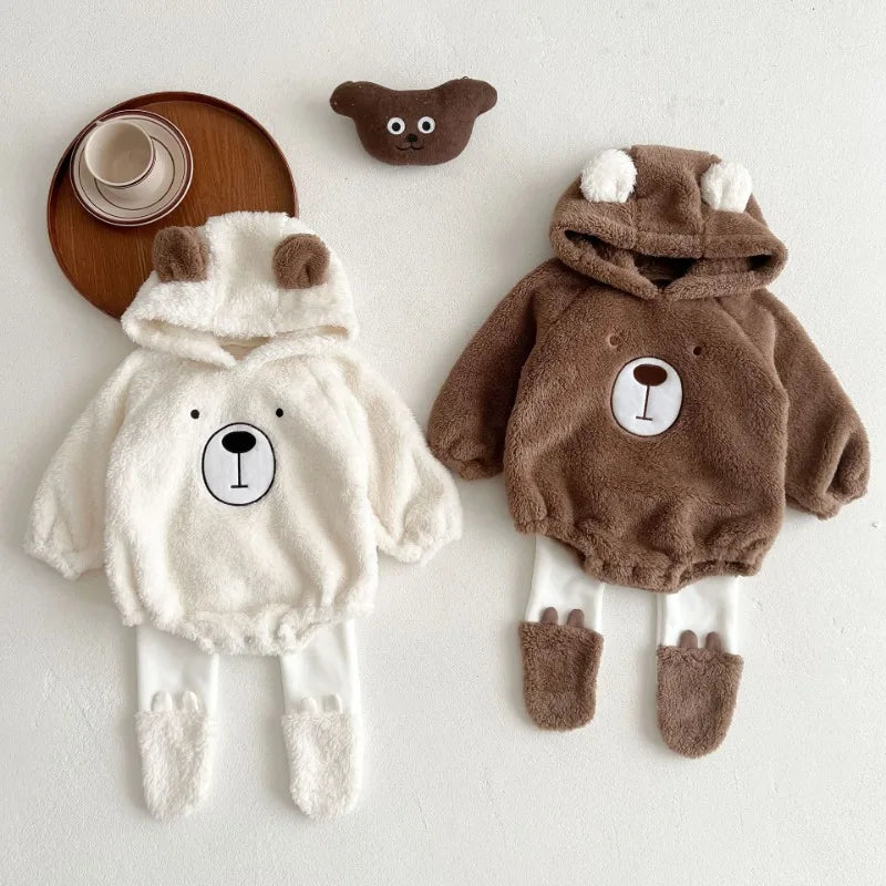 Newborn Baby Clothes Autumn Winter Hooded Cute Bear Jumpsuit Long-Sleeved Warm Plush Infant Romper Clothes+Pant Set Kids Costume