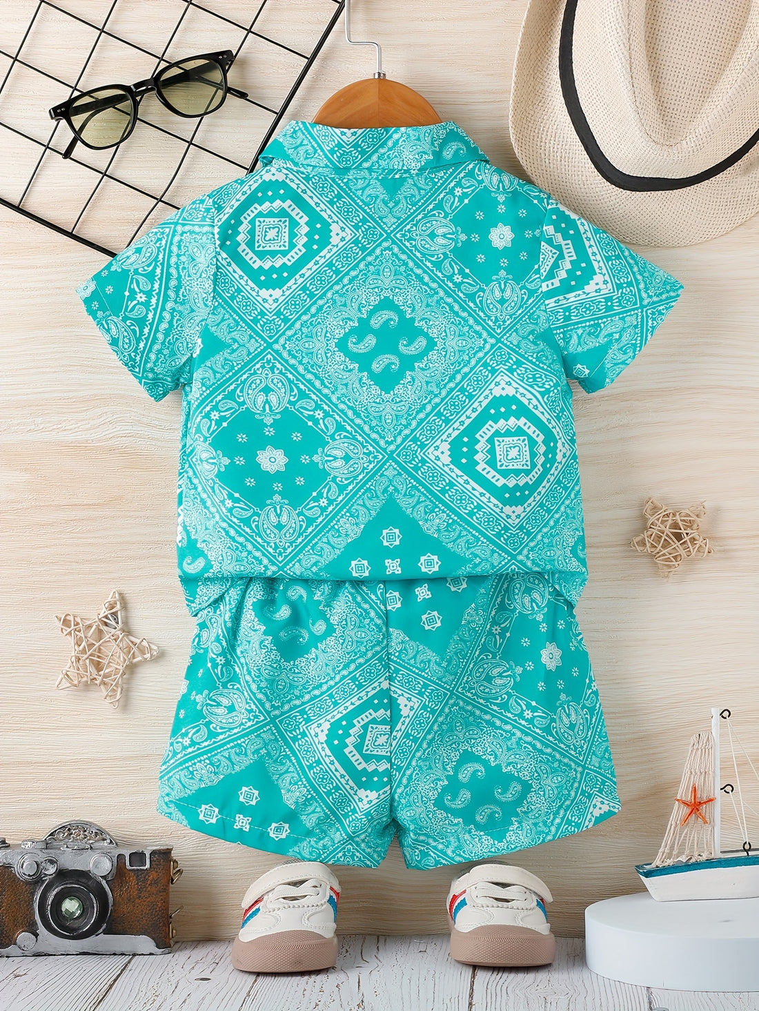Baby Boys Trendy Pattern Holiday Outfit, Short Sleeve Shirt & Matching Shorts Set, 2Pcs Toddlers Summer Vacation Wear
