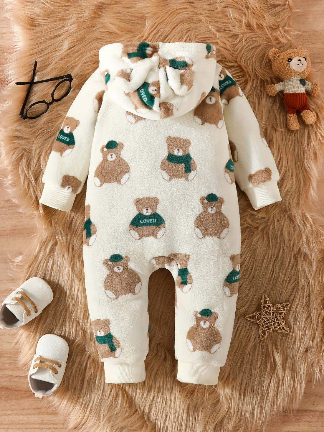 Baby Girl's Bear Printed Cute Hooded Front Breasted Jumpsuit, Toddler's Fleece Warm Onesie, Suitable For Indoor And Outdoor Wear